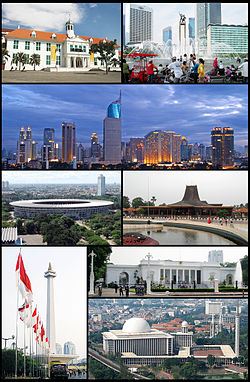 (Dari atas, kiri ke kanan): Kota Tua Jakarta, Bundaran Hotel Indonesia, Cakrawala Jakarta, Stadion Gelora Bung Karno, Taman Mini Indonesia Indah, Monumen Nasional, Istana Merdeka, Masjid Istiqlal